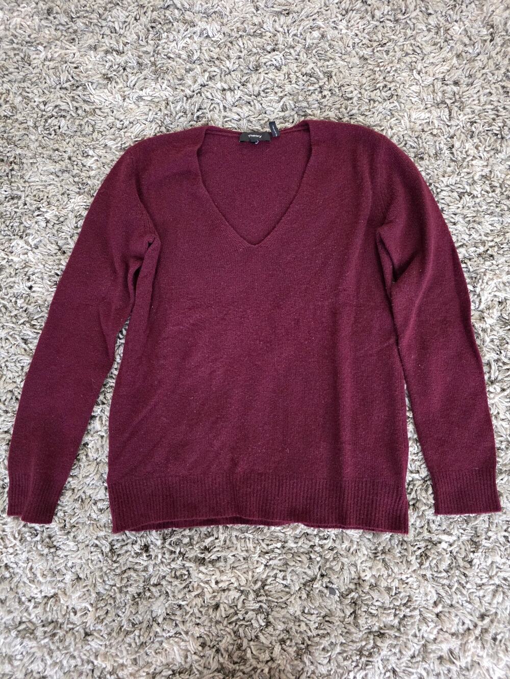 Theory Adriana Feather Cashmere V-Neck Sweater Deep Burgundy Size P / XS